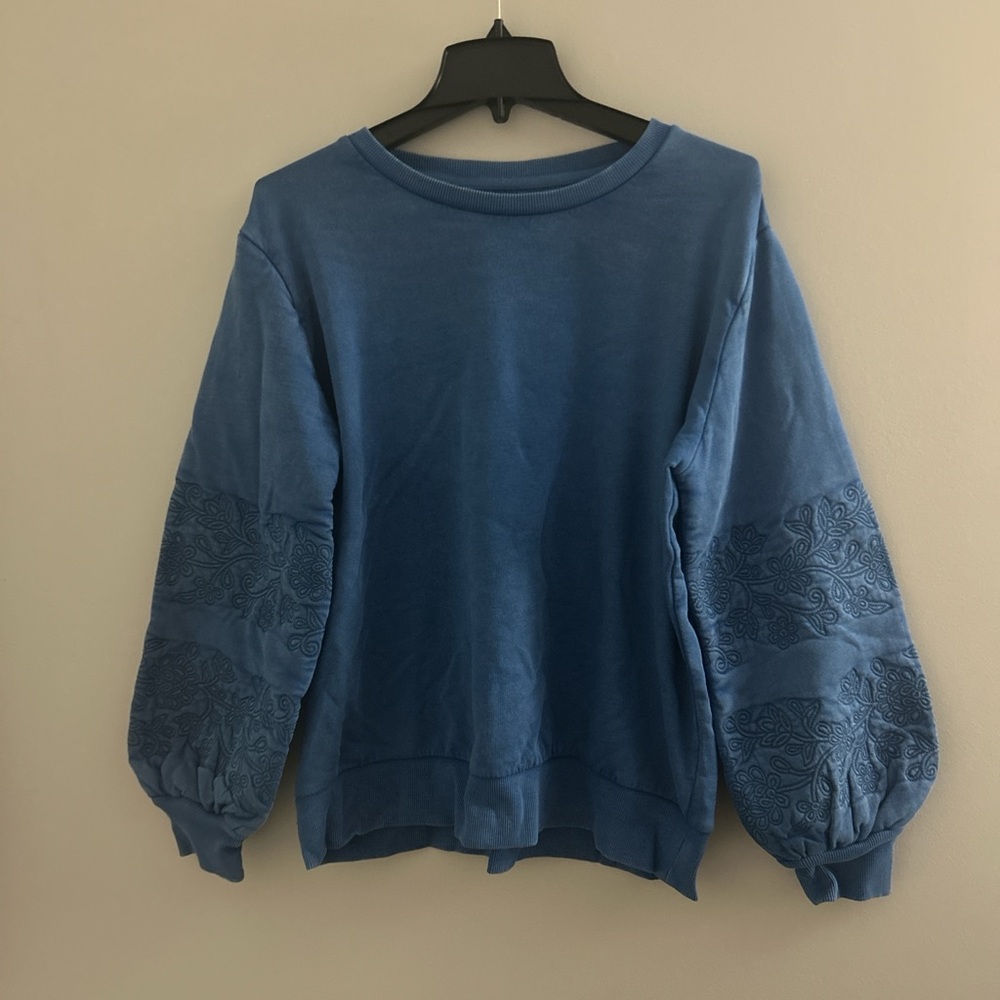 Wonderly Blue Crew Neck Sweater with Balloon Sleeves